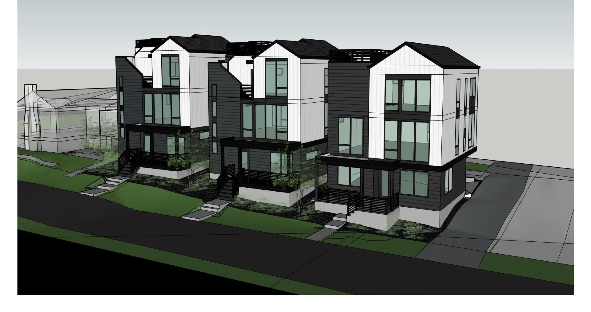 Design rendering of a three-unit modern townhome row with rooftop decks